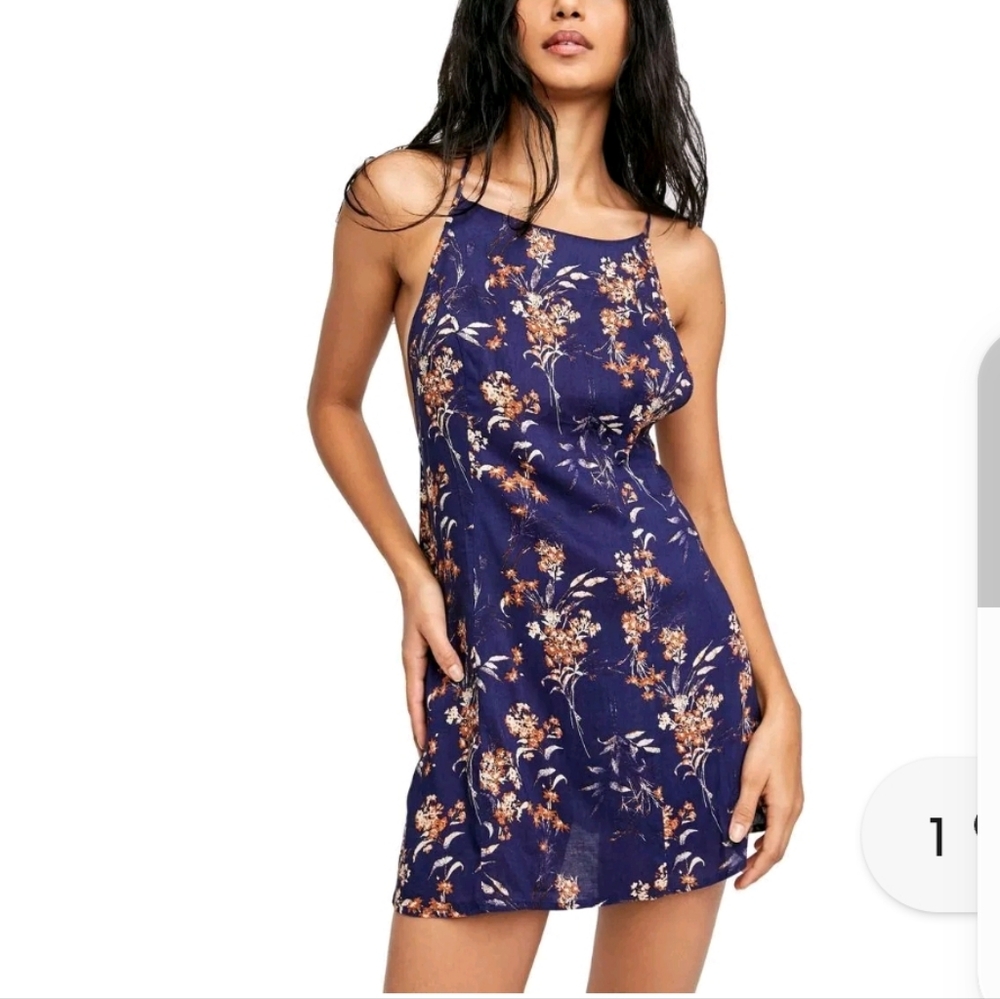 Free People In Control Floral Blue and Orange Women's Mini Dress Size S